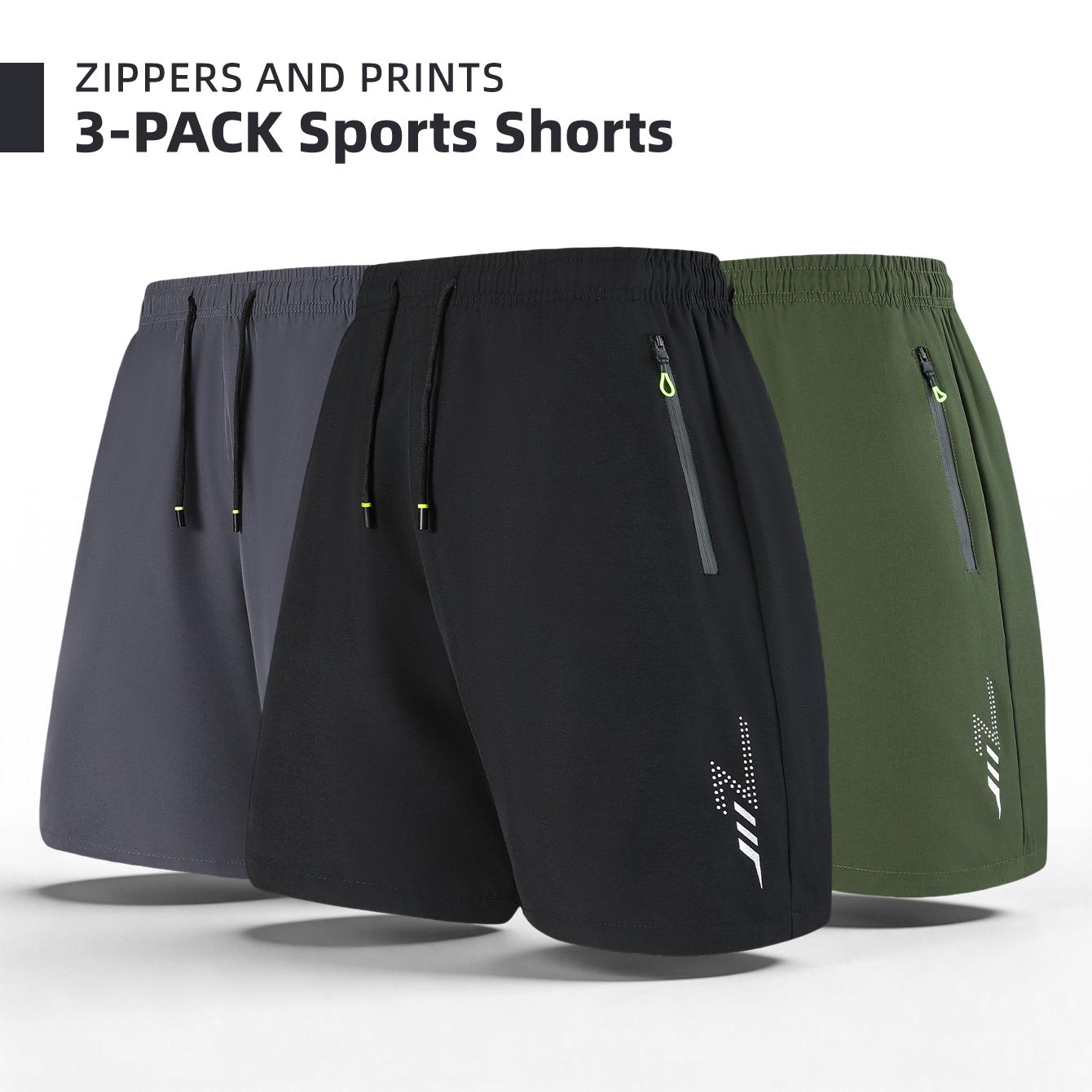 Men's 3-Pack Zipper Pocket Sports Shorts, with Reflective Prints, Drawstring Elasticated Waist, Zipper Side Pockets, Casual Shorts for Both Sports and Daily Wear