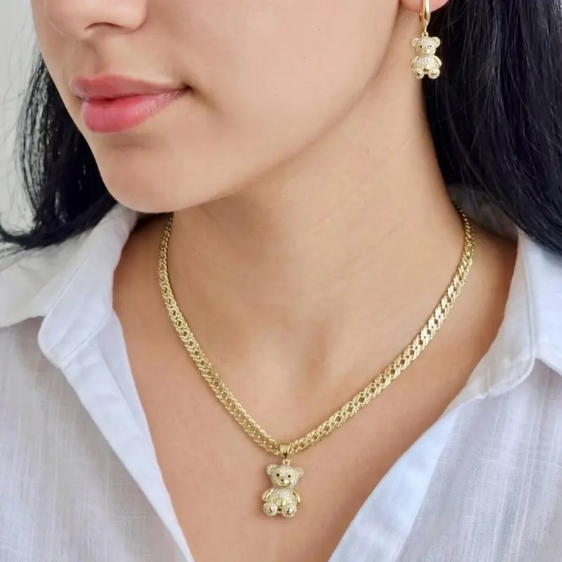 ViOrO 14K Gold Plated Set Chain with Bear Pendant and Earrings for Daly Use. Electro Laminated Premium Jewelry