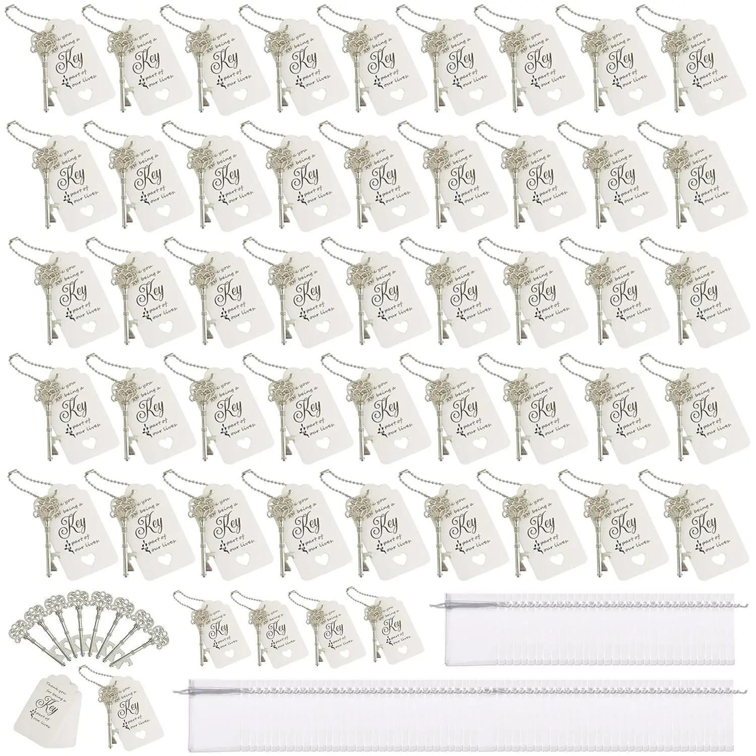 200Pcs Wedding Favors Bottle Opener,Wedding Gifts for Guest Vintage Skeleton Key Opener,Key Openers with Escort Tag Cards and Chains and Bags (Silver)