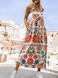 Plus Size Women's Belted Dress Conceals Flaws Slimming Summer Beach Sleeveless Casual Wear Travel Vacation Bohemian Boho Floral Print Fit Dress Womenswear