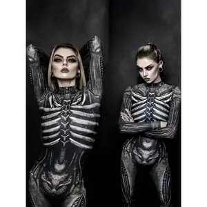 Sister Qun's Wardrobe Gothic Jumpsuit Women Full Body Bone Print Long Sleeve Full Length Zipper Sexy Elegant Costume Parties Halloween Performances Machine Washable Black White