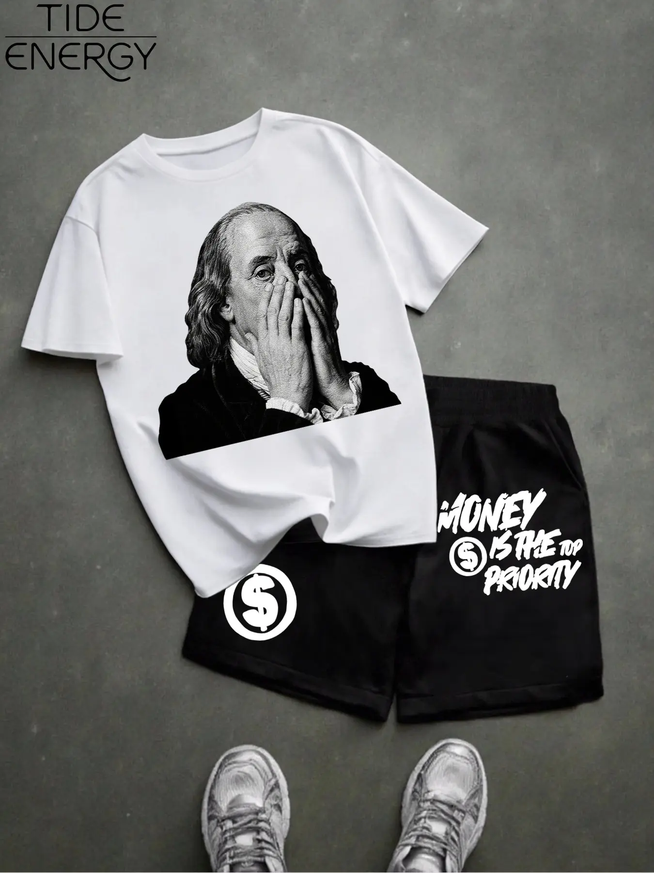 Men's Dollar Sign Embellished Casual Set, Breathable Franklin Print T-Shirt & Elastic Waist Shorts, Daily Wear Urban Fashion