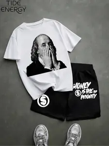 Men's Dollar Sign Embellished Casual Set, Breathable Franklin Print T-Shirt & Elastic Waist Shorts, Daily Wear Urban Fashion