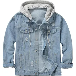 Distressed Denim Jacket Unisex Button Down Jean Coat Casual Long Sleeve Trucker Hooded Jackets Outwear