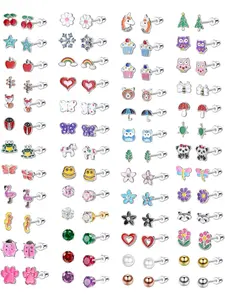 51Pairs Kids Earrings for Girls Children Cute Small Stud Earrings Set With Hypoallergenic Stainless Steel Ear Needles, Coloured CZ Animals Flower Fruit Pearls Star Earrings Jewellery Gifts, Kids Costume Jewelry