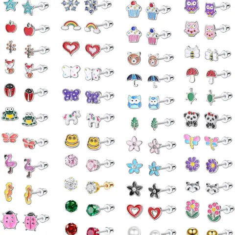 51Pairs Kids Earrings, for Girls Stud Earring Stacking Set With Hypoallergenic Stainless Steel Ear Needles, Coloured CZ Animals Flower Star Heart Shaped Earrings Jewellery Gifts, Kids Costume Jewelry, Ear Accessories