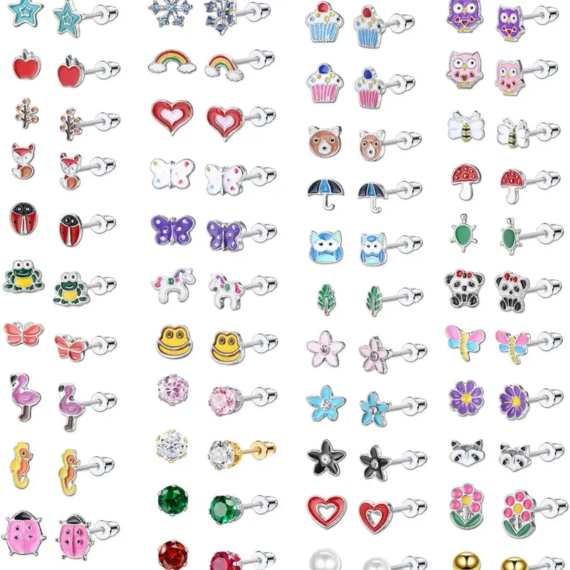 51Pairs Kids Earrings, for Girls Stud Earring Stacking Set With Hypoallergenic Stainless Steel Ear Needles, Coloured CZ Animals Flower Star Heart Shaped Earrings Jewellery Gifts, Kids Costume Jewelry, Ear Accessories