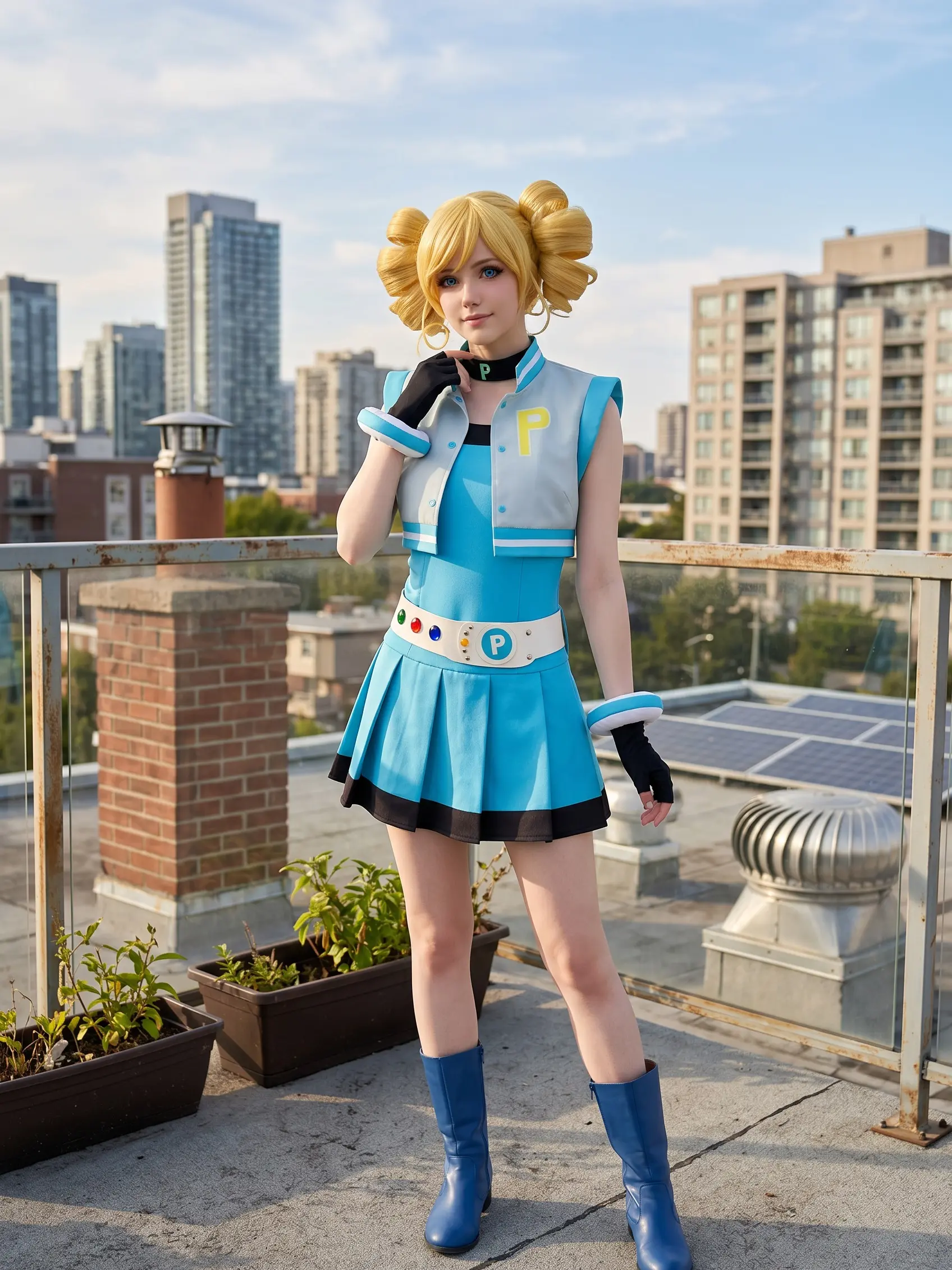 Women's Powerpuff Girls Z Bubbles-Blossom Cosplay Costume, Fitted Basic Casual Clothes with Matching Accessories, Stage Outfit