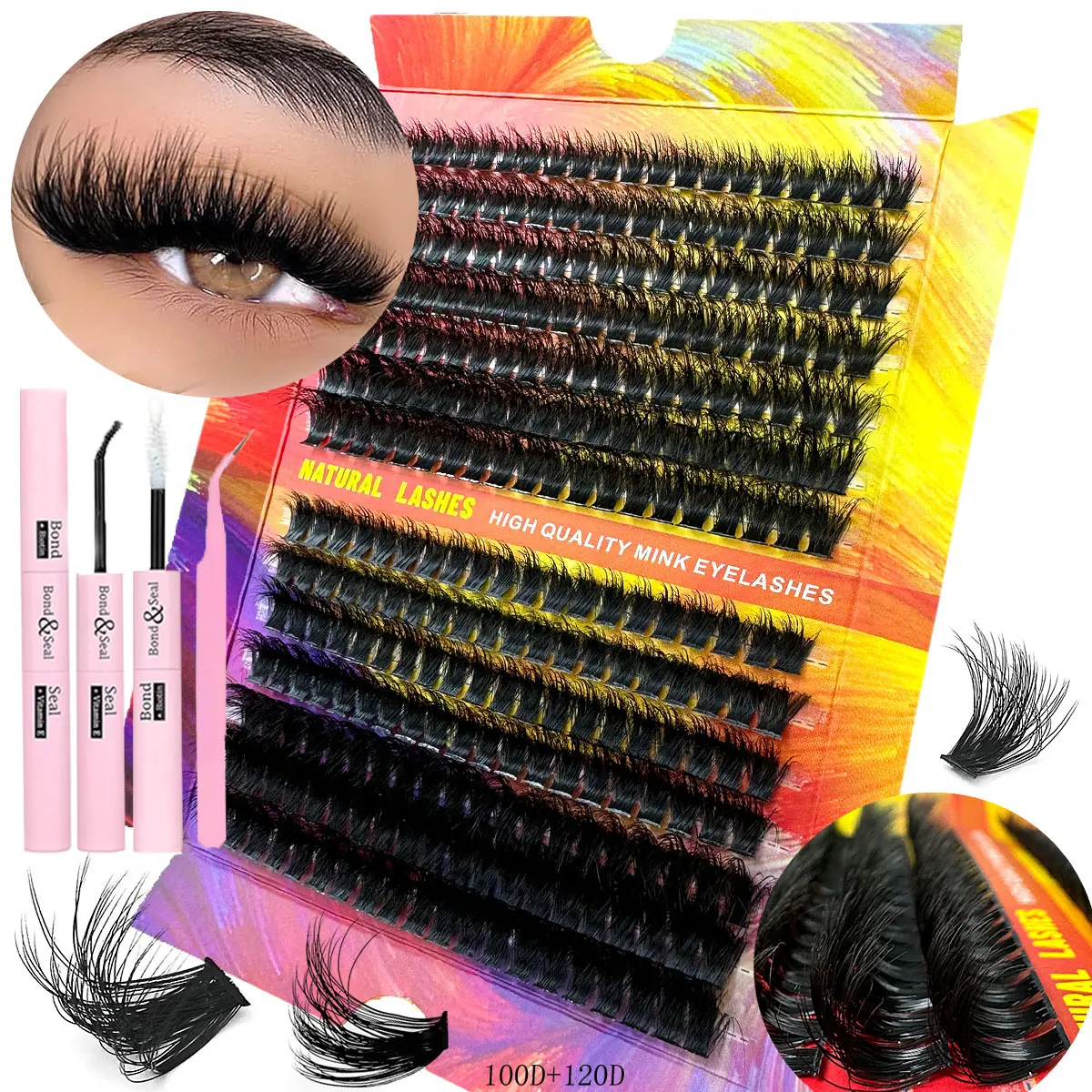 100D/120D/50D/80D 3D Dramatic Faux Mink Lashes Set, Waterproof Individual Lashes DIY Lash Clusters 10-18mm Mixed Lengths, Fluffy Eyelashes for DIY Makeup, Reusable Eyelash Tools for Beginners and Makeup Lovers