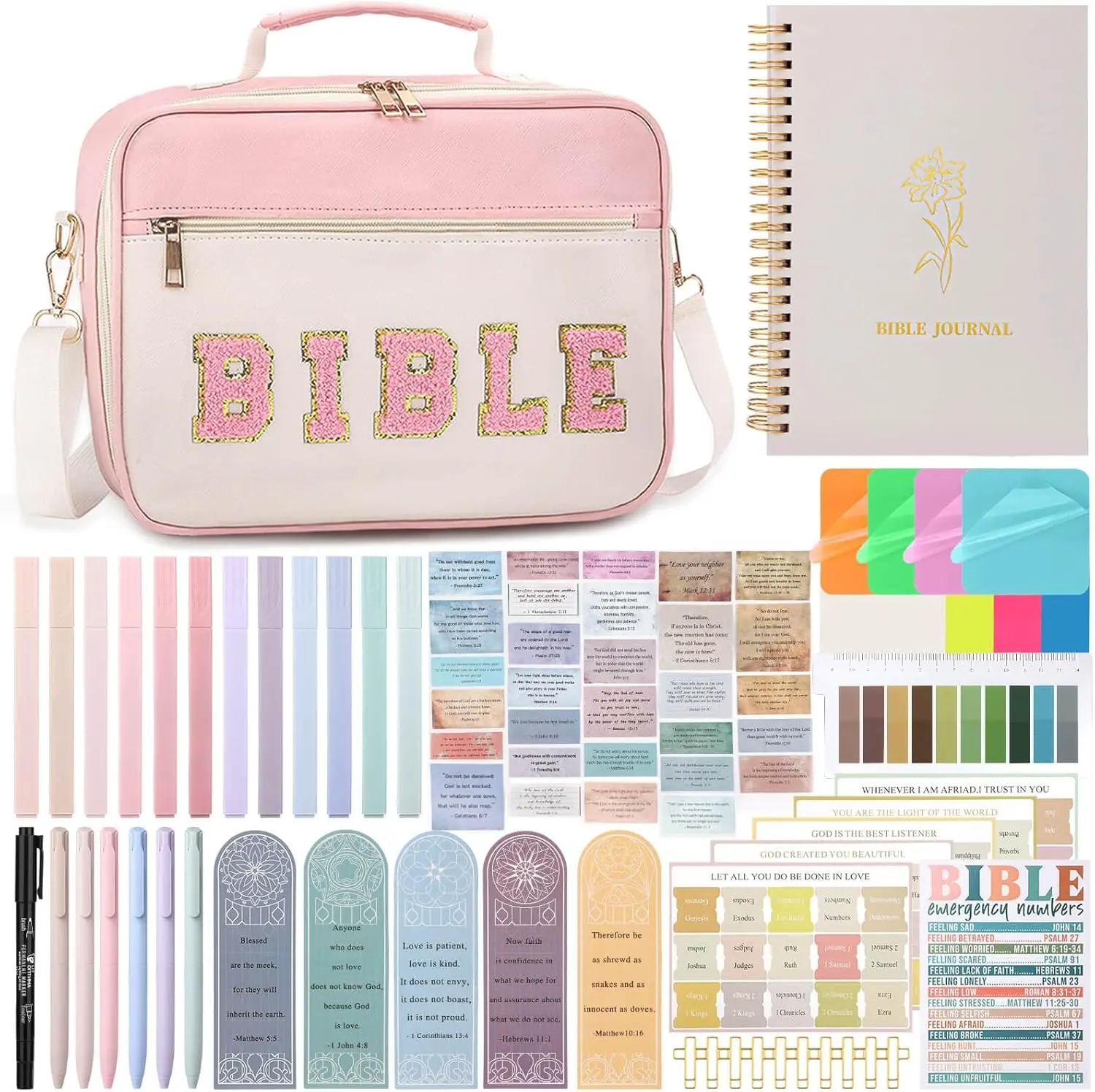 Flasoo All-in-One Bible Journaling Kit, Bible Study Supplies Include Bible Cover Case, Journal Notebook, Highlighters, Pens, Bible Verse Stickers, Tabs, Bookmarks for Christian Gift for Women