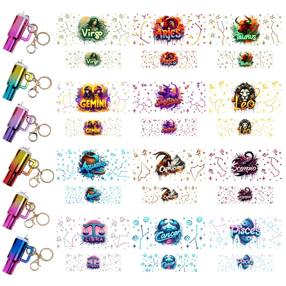 6 Sets DIY Craft Kit, Gradient Mini Cup Keychains, UV DTF Zodiac Art Stickers, Self-Adhesive, Bag Charm, Backpack Keychain, Gift Idea