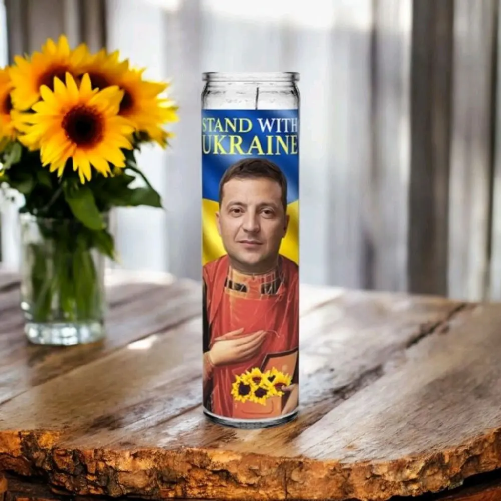 Zelensky Prayer Devotional Candle - 8" White Unscented Glass with Sunflower for Decor and Peace