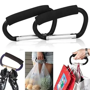 2pcs Large Stroller Hooks, Aluminum Grocery Bag Handle Organizer Hook or Diaper Bags Holder- Black