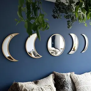 Beige Wall Decor Set - Wooden Moon Phase Mirror - 5 Piece Acrylic Wall Art - Bohemian Home Decoration - Natural Look Interior Design - Reusable for Living Room Bedroom