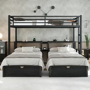 Triple Bunk Bed Full XL Over Twin & Twin Bunk Bed with Drawers, Multi-functional Heavy-Duty Metal Frame Loft Bed with Shelving & USB, Noise Free-Black