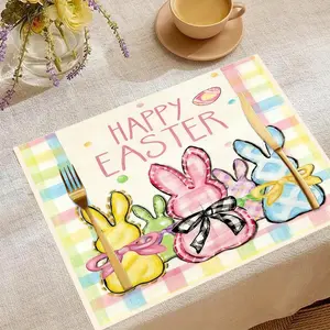 Pastel Plaid Easter Bunny Linen Placemat | Happy Easter Table Mat | 1/4/6 Pack Family Dining Decor for Easter Celebrations & Spring Gatherings