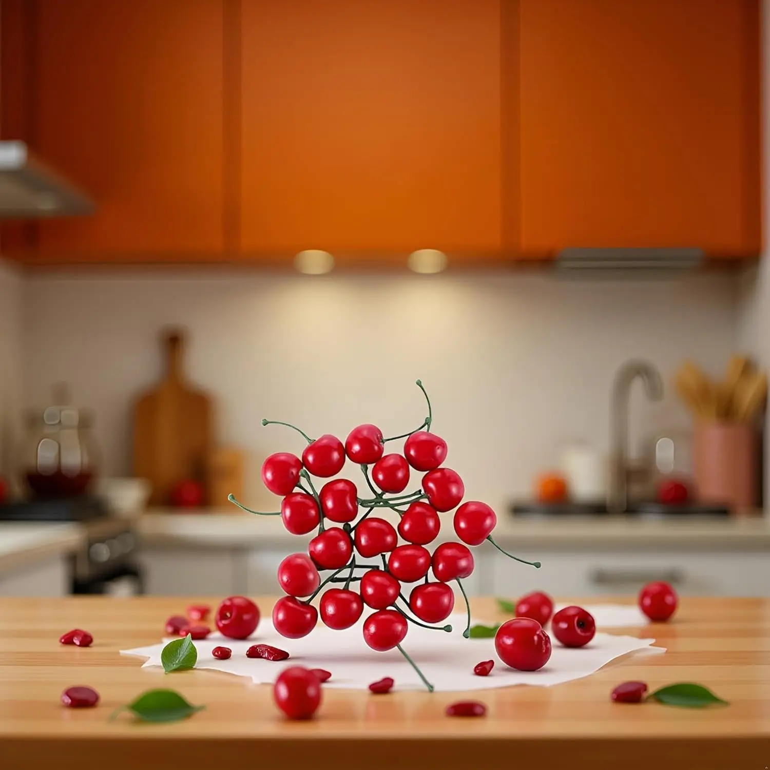 20Pcs Red Artificial Cherries Fake Fruit Decor Simulation Cherry Model Lifelike Cherry Ornament for Home Kitchen Party Decoration Desk Ornament Photography Prop