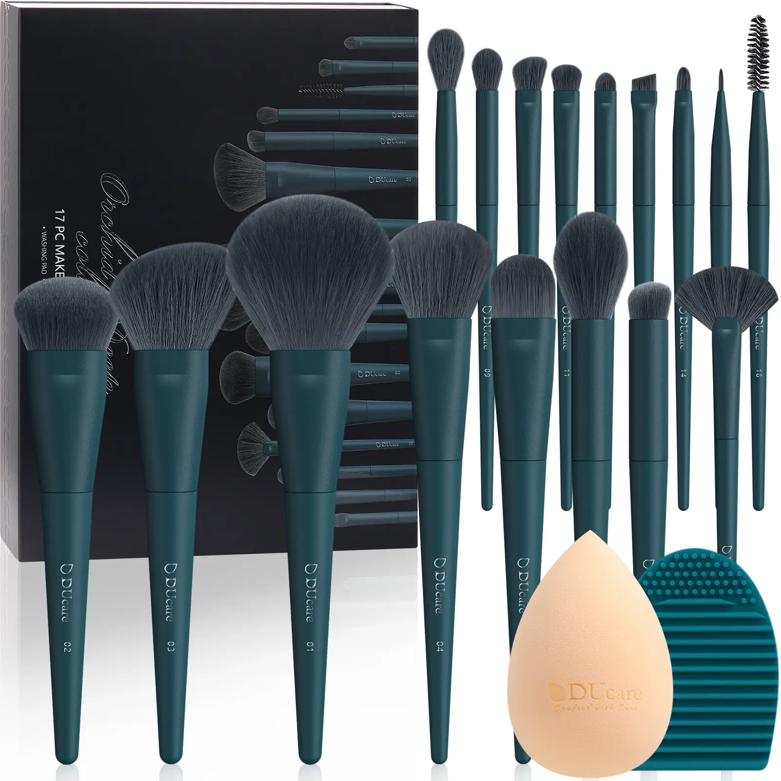 Ducare Dark Turquoise 17-Pcs Cruelty-Free Makeup Brush Set - FSC-Certified Wooden Ergonomic Design, Eyeshadow Brushes, Numbered Guide, Free Makeup Sponge, Cleaner Mat, Storage Box, Enhances Visual Aesthetic & Skin Radiance