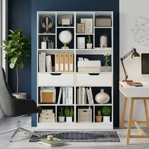 Floor Standing Wooden Bookcase with Drawer, Multi Cube Storage Shelf with Anti-Toppling Design, Modern Display Cabinet for Home Living Room Study Bedroom