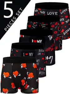 5pcs Love Pattern Youth Boyshorts, Breathable Comfortable High Elastic Swim Shorts, Casual Men's Underwear for Cycling and Valentine's Day