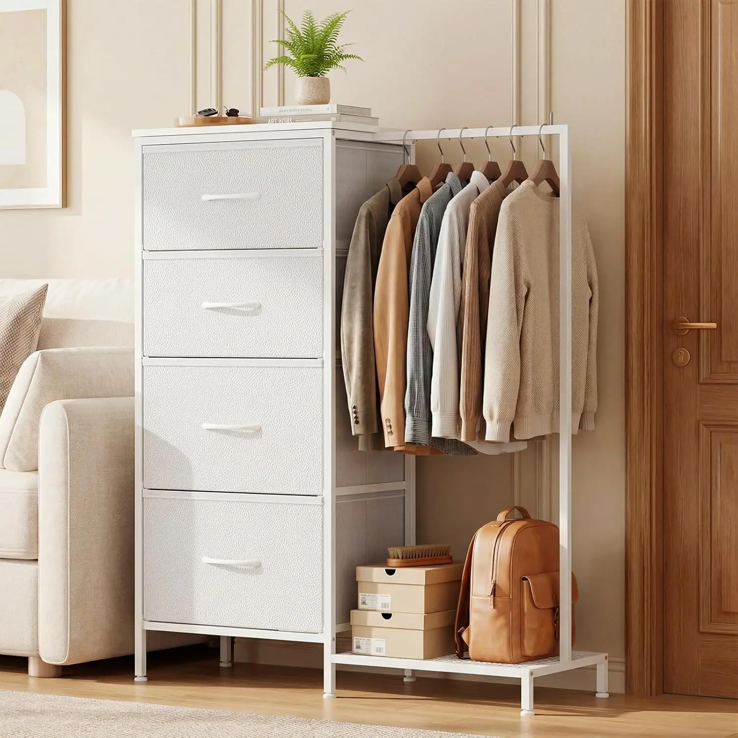 Dresser with Hanging Rack, Small Cloest with 4 Drawers, Tall Storage Tower with Clothse Rack, Sturdy Frame, Fabric Chest for Bedroom, White, 44''H