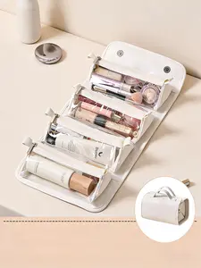 Large Capacity Hanging Eco Polyester Travel Toiletry Bag Makeup Cosmetic Bag 4-in-1 Roll-Up Make Up Storage Organizer With 4 detachable Removable Zipper Clear TPU Pouches & Hook