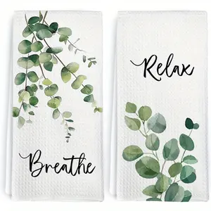 2pcs 23.6x15.7 In Of 2 Eucalyptus Sage Green Hand Towels Perfect For Bathroom Use. These Towels Enhance Sage Green Bathroom Decor And Can Also Serve As Plant-Themed Kitchen Towels. Ideal For Adding A Touch Of Relaxation With Eucalyptus