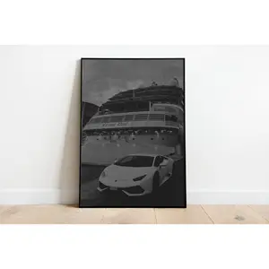 Lamborghini Huracan Yacht "BIG TOYS" Luxury Black and White | Art Room Wall Decor | Print On Paper | No Frame