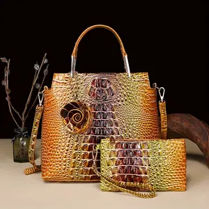 2-piece crocodile print handbag set - fashionable retro style, multifunctional top-handle crossbody bag, business clutch and coin purse - large capacity, secure, suitable for daily fashion, with flower pendant, perfect as a Christmas or Mother's Day gift