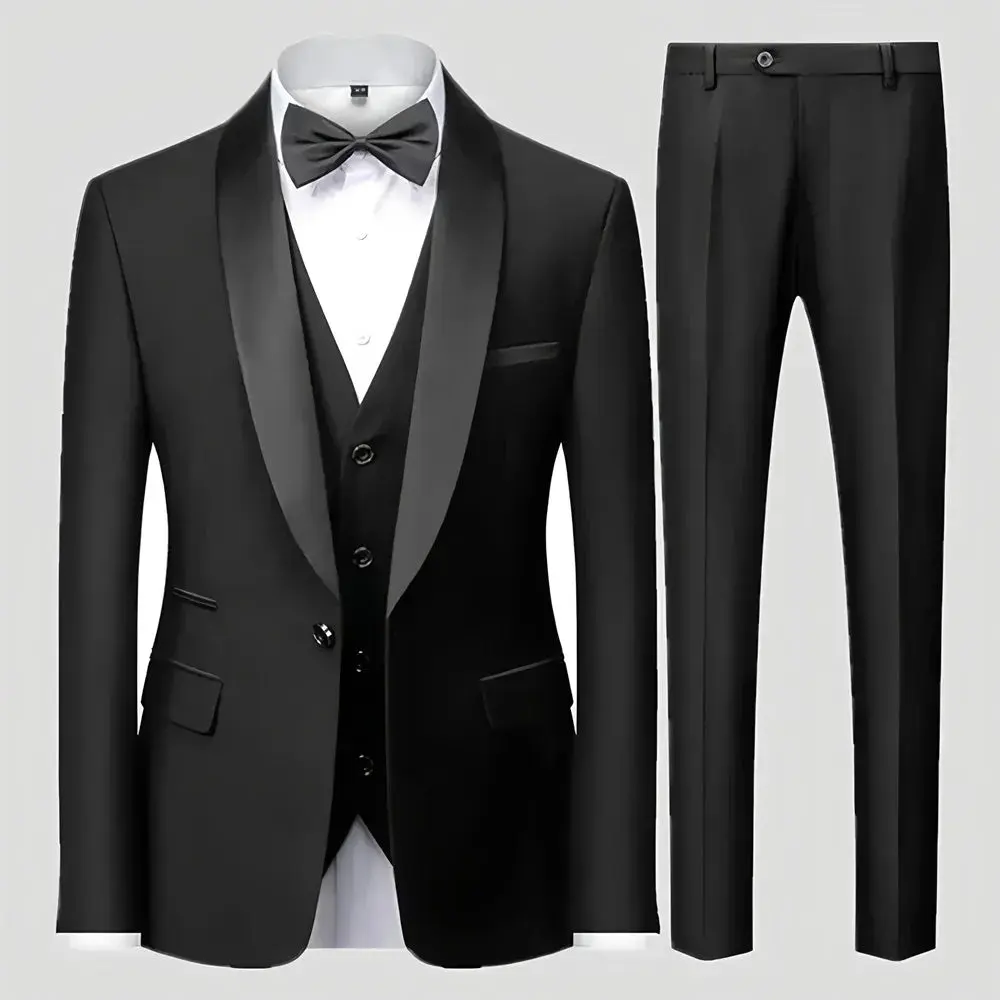Traje Formal de 3 Piezas para Hombre – Tuxedo Negro con Solapa Chal