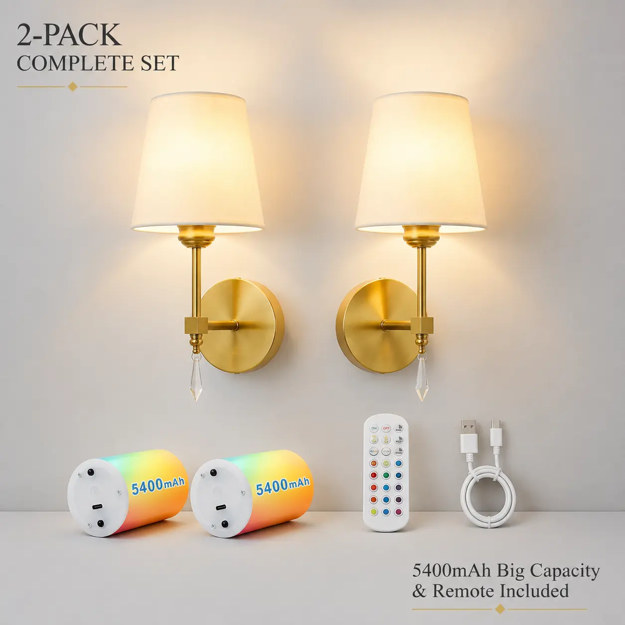 2-Pack Battery Operated Cordless Vanity Wall Sconces, Wireless Rechargeable Indoor Lighting Fixtures with 5400mAh RGB Dimmable 360-Degree Magnetic Bulb, Type-C Charging, Remote Control, Timer, Memory Function, 18-50 Hours Runtime for Bedroom Mood Lighting
