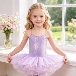 Toddler Girls Lavender Iridescent Sequin Ballet Tutu Dress Sleeveless Sparkle Dance Leotard Ruffle Tulle Skirt Kids Recital Birthday Princess Costume Outfit