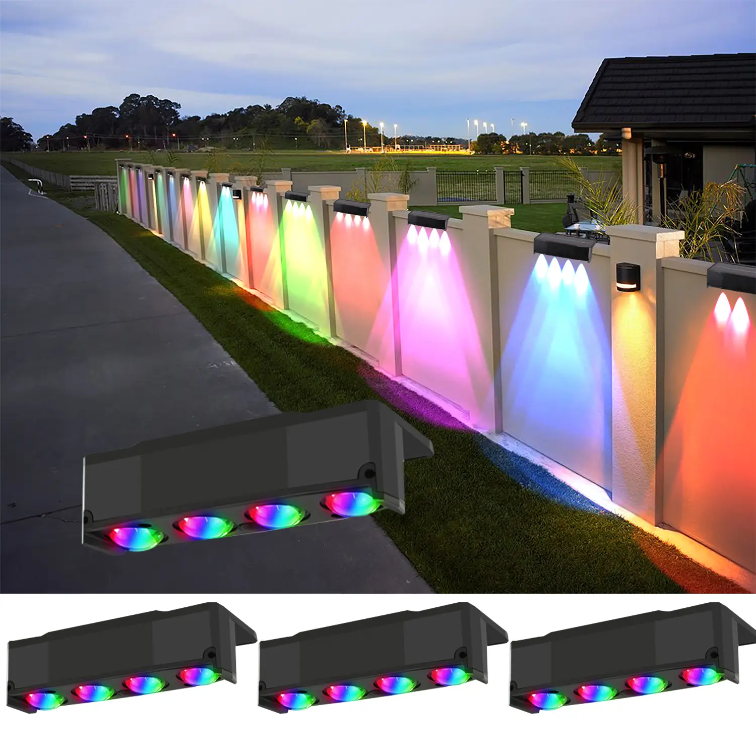 Outdoor Solar Fence Lights, Warm White & RGB 10 Color Charging Solar Deck Lights Waterproof Solar Lights for Outside Wall Porch Balcony Patio Decor so