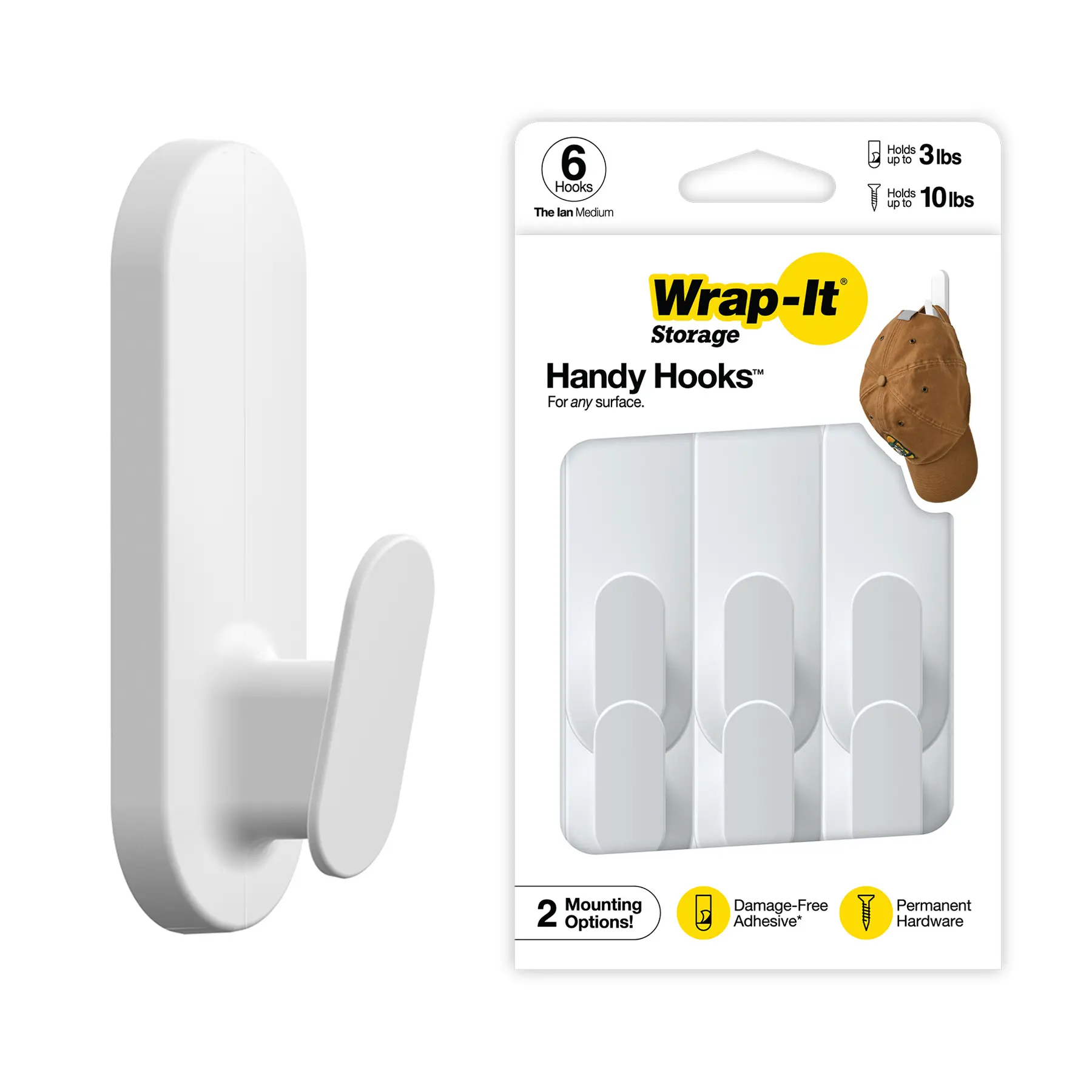 Wrap-It Storage Handy Hooks - The Ian Medium 6-Pack - Dual Option Wall Mount or Removable Adhesive Hooks Dorm Room Essentials and Towel Hooks for Wall or Wreath Hanger