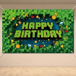 Pixel Happy Birthday Banner, Video Game Theme Birthday Banner Backdrop, Cool Gaming Party Supply with Ribbon, Party Decoration for Kids, Party Decorations Banners