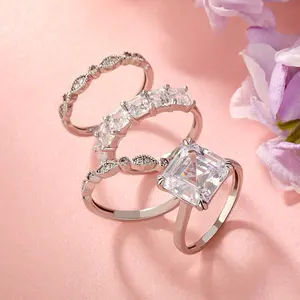Jeulia 4PC Asscher Cut Sterling Silver Ring Set for Women 925 Silver 9 Carat Radiant Cut Cubic Zirconia Promise Engagement Anniversary Wedding Valentines Rings Gift for Women Wife Girlfriend Sterling Silver Zircon