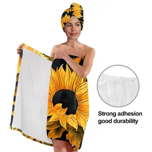 1pc/2pcs sunflower black background print, dry hair hat and bath skirt set, a must-have for eye-catching retro bathroom,100% polyester material,suitable for women,after bathing, water-absorbing hair wrap in spa and swimming pool, give her luxurious gifts
