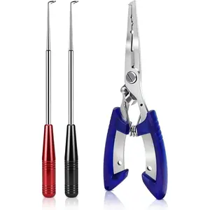 Fishing Pliers & Fish Hook Remover Tool Kit-2 Stainless Steel Hook Removers with 1 Split Ring Pliers, Non-Slip Handle for Bass, Trout, Catfish, Saltwater Freshwater Family Fishing Gear