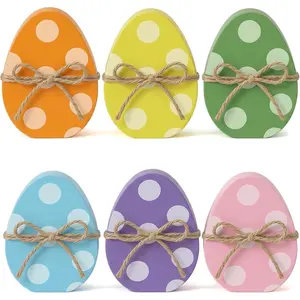 6 count Easter Egg Wooden Table Decor,Polka Dots Egg Signs with Rope,Spring Easter Tiered Tray Decor for  Party Indoor Tabletop Festive Decoration