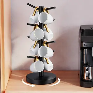 Upgraded 360° Rotated Coffee Mug Holder Tree Wood Coffee Mug Rack with 8 Hooks Coffee Mug Organizer Stand Coffee Bar Accessories for Counter Black