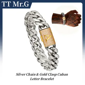 Silver Stainless Steel Cuban Link Bracelet for Men, 14mm Heavy Chain with Gold A–Z Initial Letter Clasp, Hip Hop Gothic Punk Style, Personalized Statement Bracelet Gift for Him
