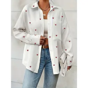 Plus Size Women's Fashionable Heart-Shaped Button Placket Casual Long Sleeved Shirt