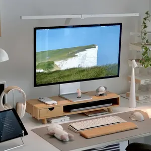 Bamboo monitor stand riser with drawer — ergonomic computer riser for desk with cable management and storage organizer; wooden monitor stand for home office