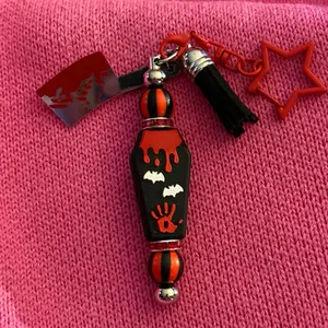 Coffin Keychain with Meat Clever Charm Red and Black Design with Tassel and Star Accents