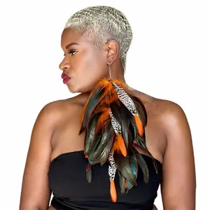 Orange Long Dangle Feather Earrings with Natural Rare Lady Amherst Feathers for all Unique Women