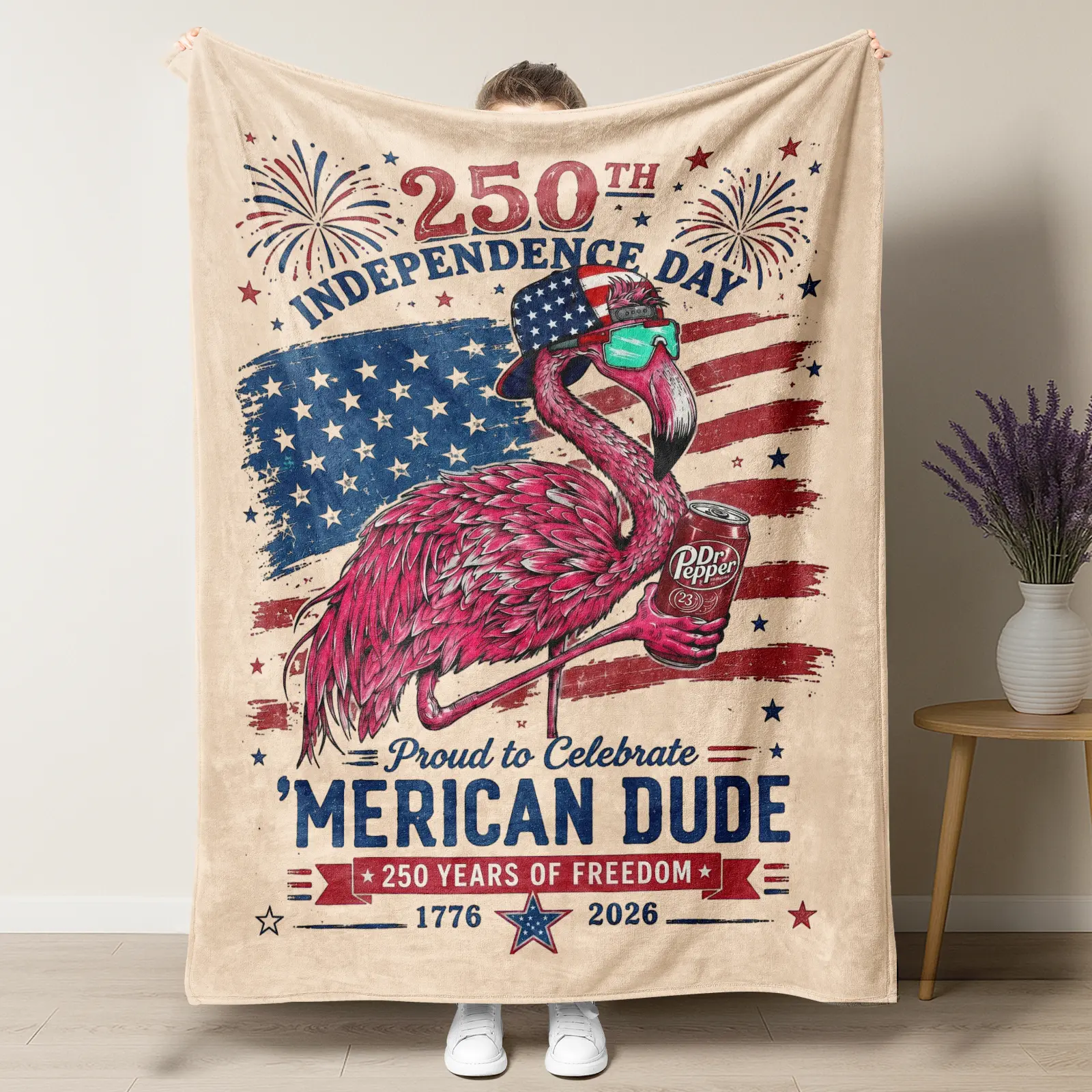 Vintage 250th Independence Day Flamingo Flannel Blanket,Proud Merican Dude Retro Americana Decor Blanket For 4th Of July & USA 250 Years Celebration