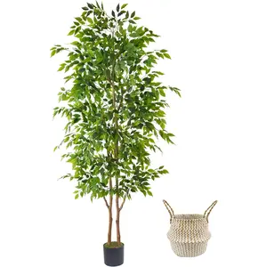 8ft Artificial Ficus Tree, 96” Realistic Ficus Leaves Large Fake Plant with Basket, Indoor Outdoor Potted Faux Tree for Home Garden Office House Livingroom Décor