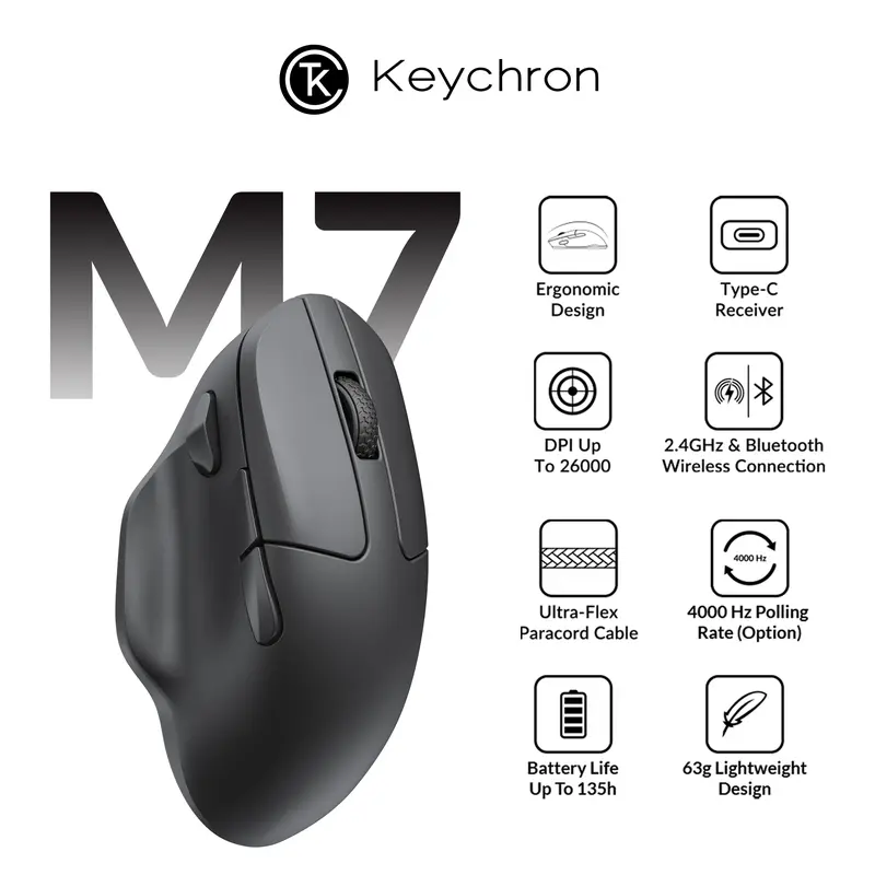 Keychron M7 Wireless Gaming Mouse - 2.4 GHz & Bluetooth Connectivity, Ultra-Light PC Gaming Mice Accessory for Laptops, Office Use