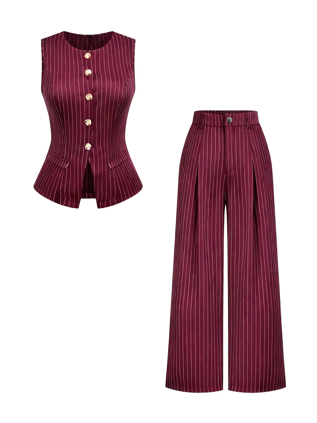 Elegant Women's Striped Fitted Sleeveless Vest Set, Elegance, Metal Buckle, Casual Pleated Wide Leg Pants, Spring Summer Fall, Womenswear, Stripe Matching Set, Casual Style Set, Pants Set Outfit