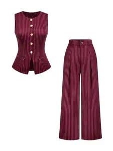 Elegant Women's Striped Vest Set, Metal Buckle, Casual Pleated Wide Leg Pants, Spring Summer Fall, Womenswear